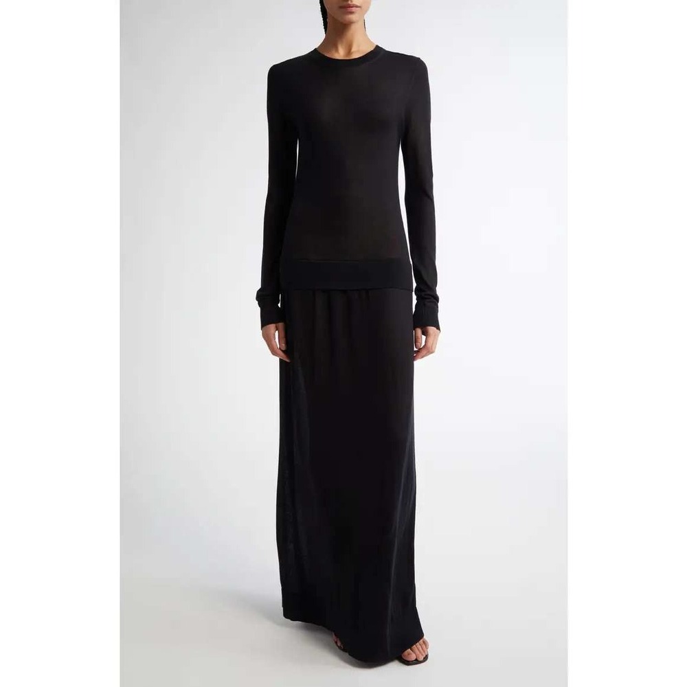 Toteme Black Silk Cupro Fine Crew Neck Knit Maxi Dress Long Sleeve Size M